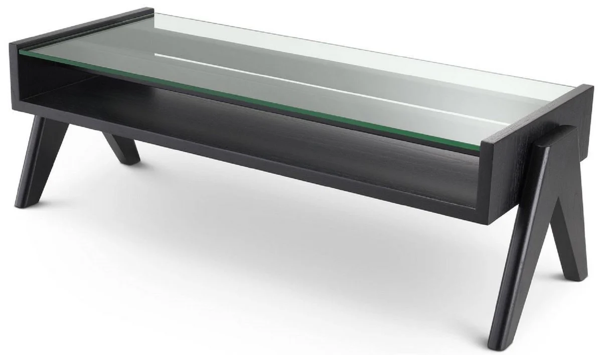 Luxus Couchtisch Schwarz 120 x 46 x H. 39,5 cm - Rechteckiger Massivholz Wohnzimmertisch mit Glasplatte - Luxus Wohnzimmer Möbel