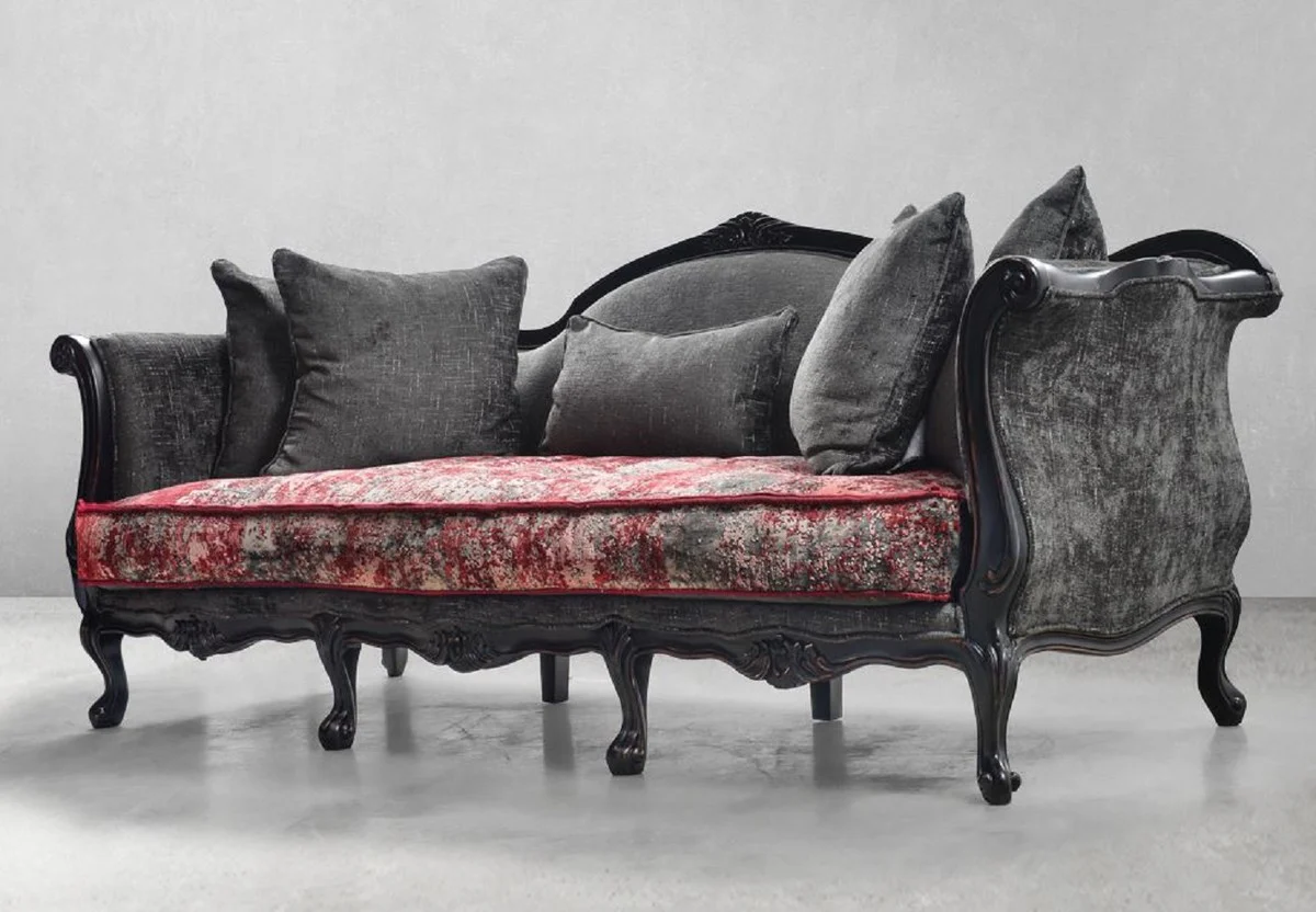 Luxus Barock Sofa Grau / Rot / Antik Schwarz - Prunkvolles Barockstil Wohnzimmer Sofa - Luxus Wohnzimmer Möbel im Barockstil - Barock Möbel - Edel & Prunkvoll