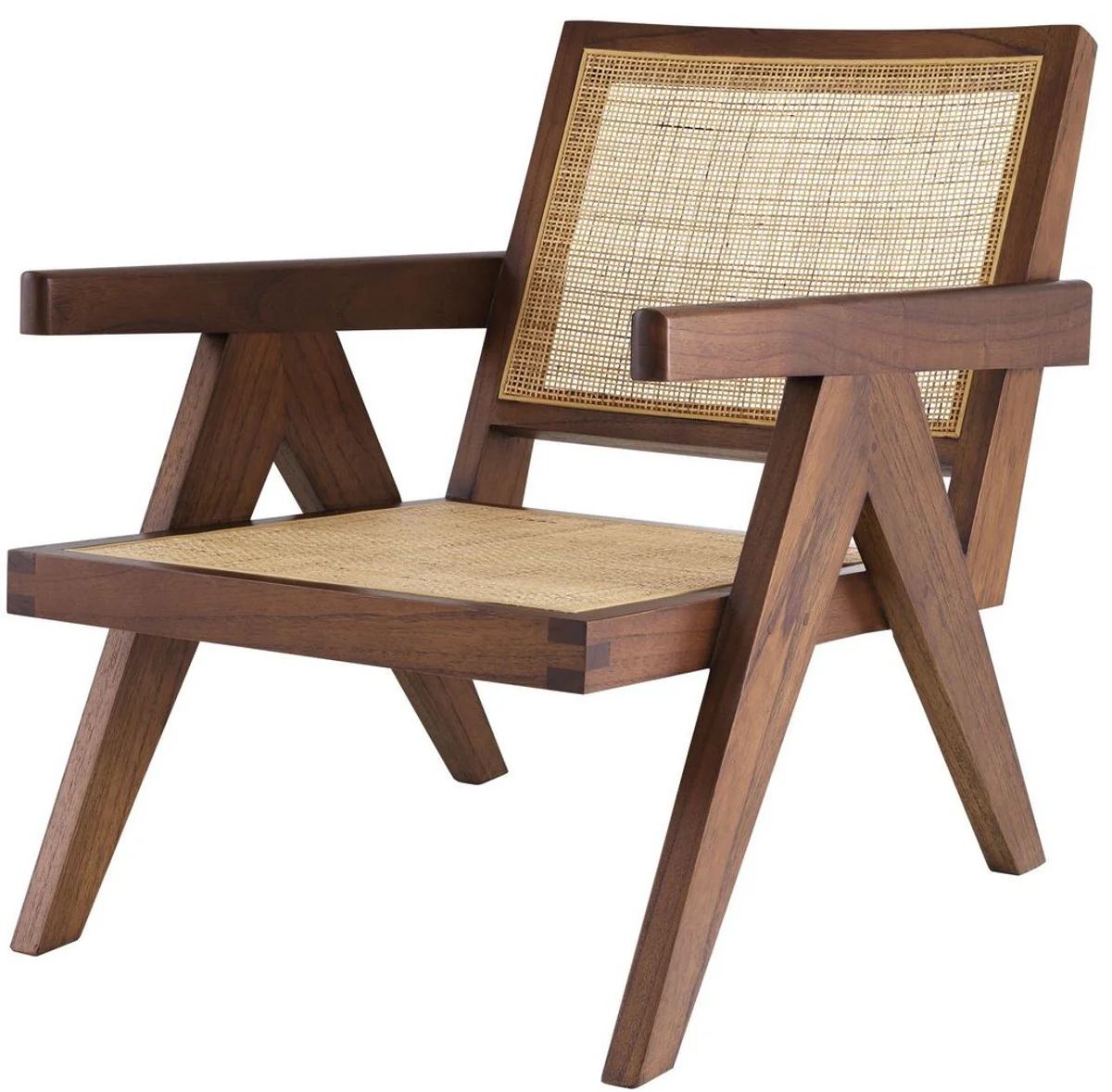 Designer Stuhl Braun / Naturfarben 58 x 82 x H. 70 cm - Massivholz Stuhl mit Armlehnen und handgewebtem Rattangeflecht - Luxus Wohnzimmer Möbel