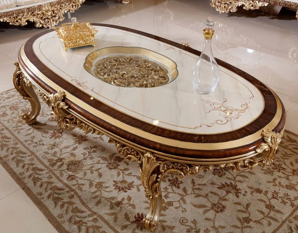Luxus Barock Couchtisch Weiß / Braun / Gold - Prunkvoller Wohnzimmertisch mit Glasplatte - Barock Wohnzimmer Möbel - Edel & Prunkvoll