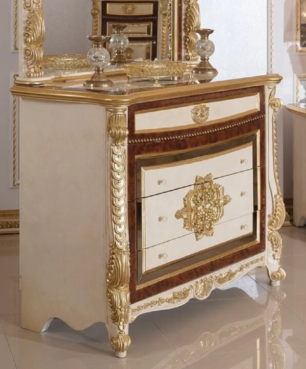 Luxus Barock Kommode Weiß / Beige / Braun / Gold - Handgefertigte Barockstil Kommode mit 4 Schubladen - Luxus Schlafzimmer Möbel im Barockstil - Barock Schlafzimmer Möbel