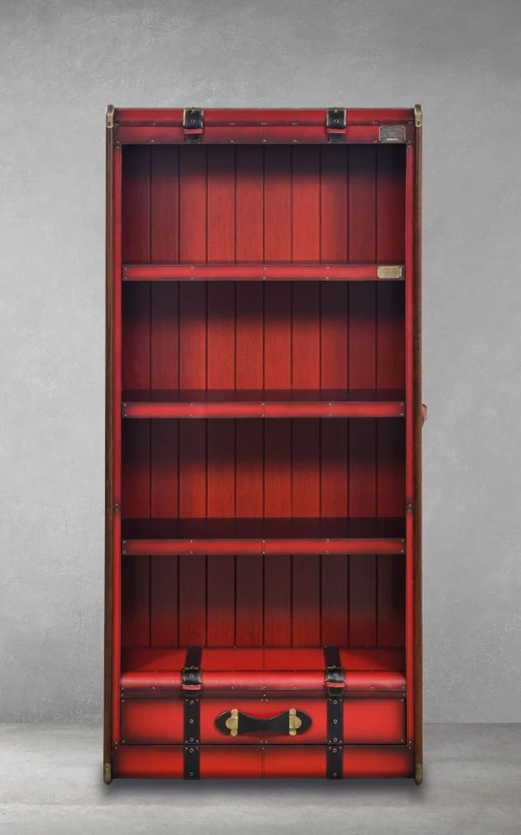 Luxus Regalschrank in Koffer Optik Rot / Schwarz / Braun / Messing 84 x 35 x H. 187,5 cm - Massivholz Schrank mit Echtleder - Büro Schrank - Büro Möbel - Luxus Möbel in Koffer Optik