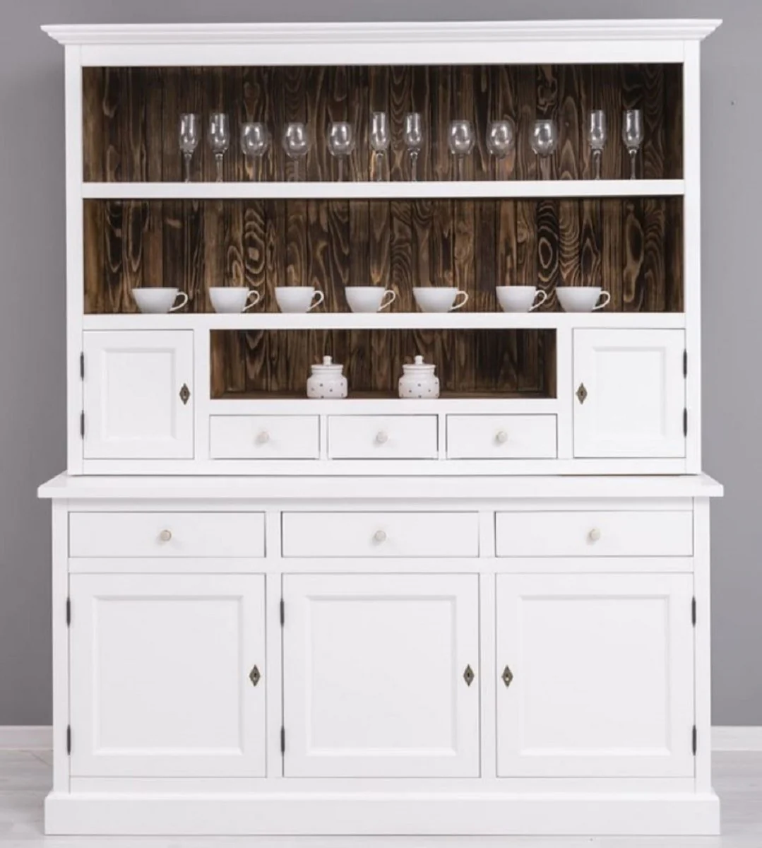 Landhausstil Esszimmerschrank Weiß / Dunkelbraun 179 x 50 x H. 210 cm - Massivholz Küchenschrank - Esszimmer Möbel im Landhausstil - Landhausstil Esszimmer Einrichtung