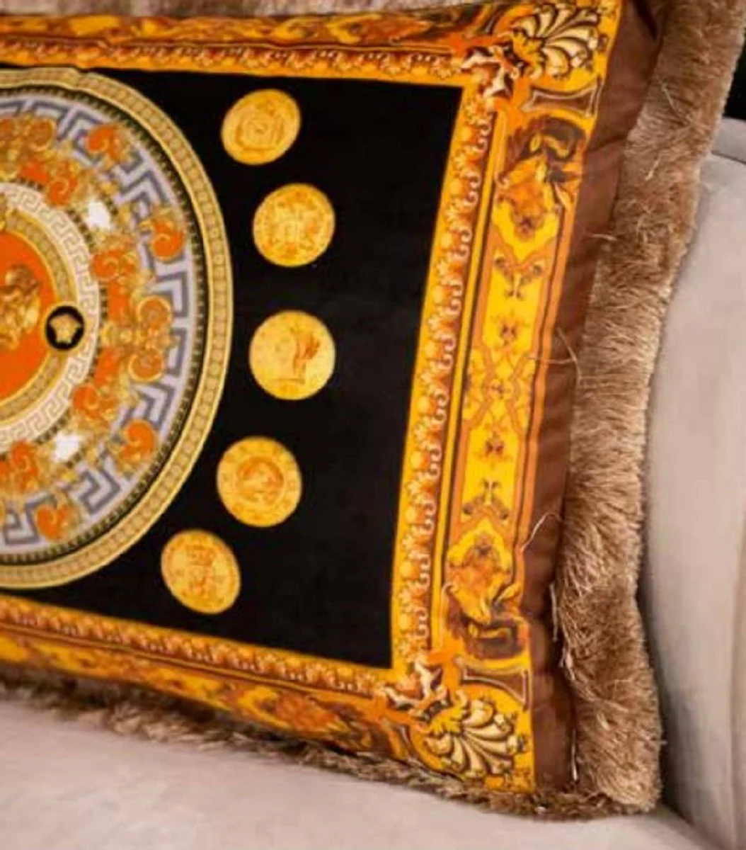 Luxus Barock Samt Kissen Vase und Münzen Schwarz / Gold / Braun 50 x 35 cm - Bedrucktes Deko Kissen mit Fransen - Barock Deko Accessoires