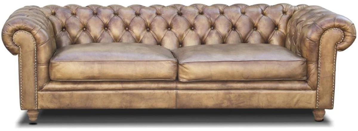 Luxus Chesterfield Leder Sofa Vintage Hellbraun 240 x 100 x H. 80 cm - Echtleder Wohnzimmer Sofa - Wohnzimmer Möbel - Chesterfield Möbel - Luxus Möbel - Luxus Wohnzimmer Einrichtung
