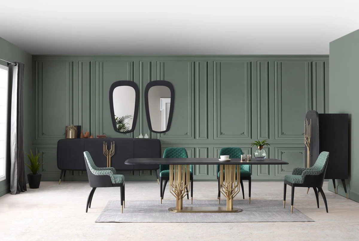 Luxus Esstisch Schwarz / Antik Messing 240 x 100 x H. 75 cm - Esszimmertisch mit Massivholz Tischplatte - Esszimmer Möbel - Luxus Möbel - Luxus Esszimmer Einrichtung