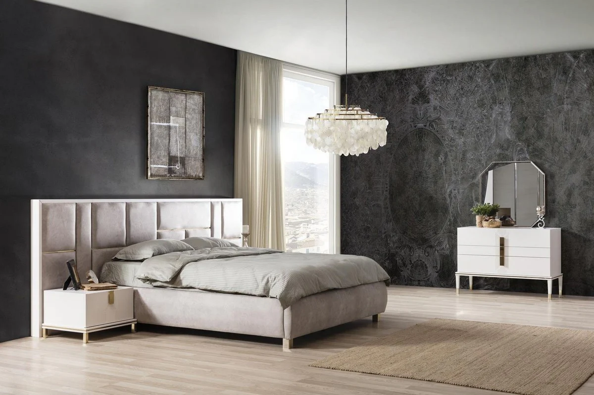 Luxus Massivholz Schlafzimmer Set Grau / Weiß / Gold - 1 Doppelbett mit Kopfteil & 2 Nachttische - Luxus Schlafzimmer Möbel