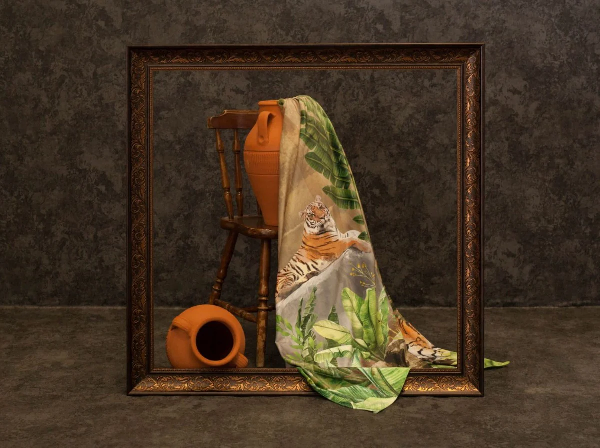 Luxus Vorhang Set Dschungel & Tiger Mehrfarbig 250 x H. 290 cm - Bedruckte Leinen & Samt Vorhänge - Ösenvorhänge - Schiebevorhänge - Wohnzimmer Schlafzimmer Vorhänge