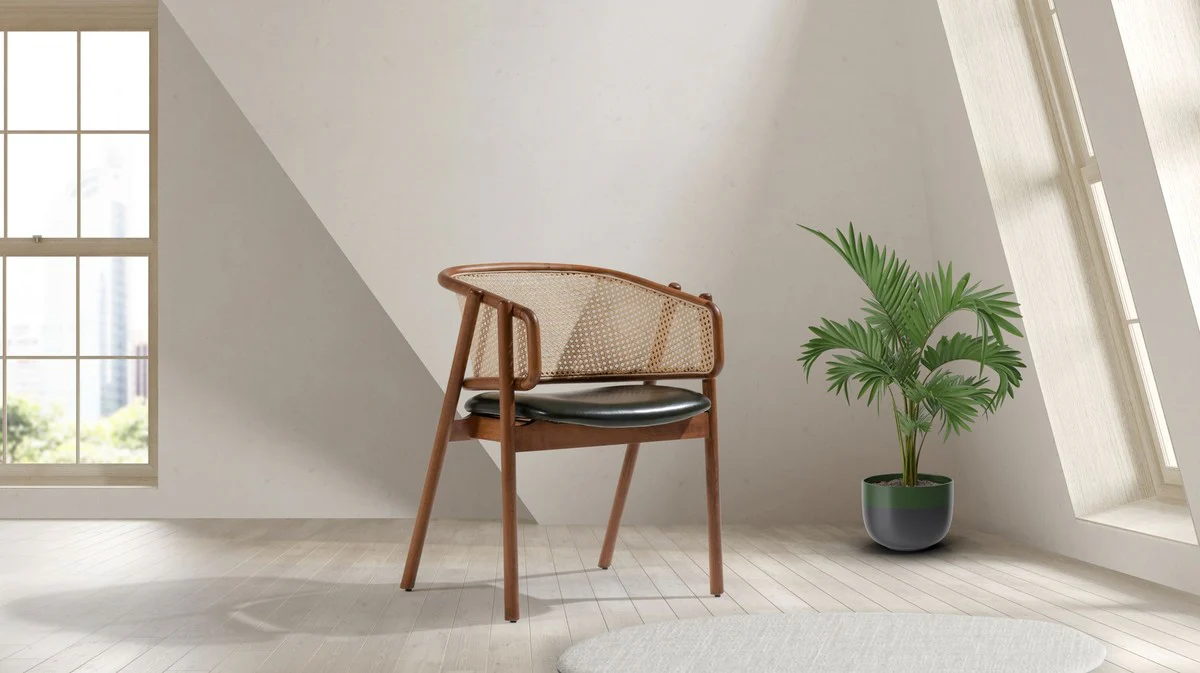 Luxus Esszimmer Stuhl mit Armlehnen Braun / Naturfarben / Dunkelgrün H. 77 cm