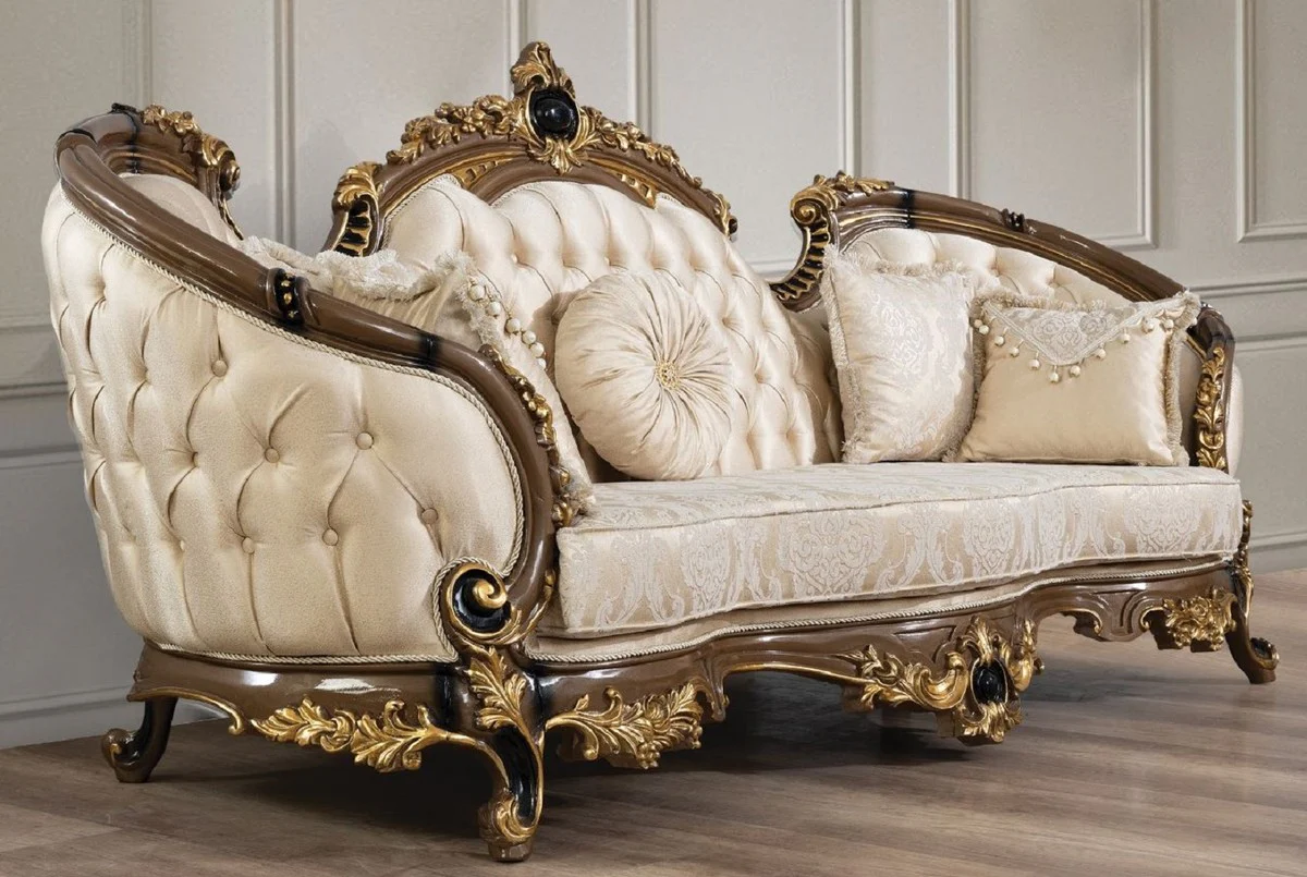 Luxus Barock Sofa Gold / Braun / Schwarz / Gold - Prunkvolles Wohnzimmer Sofa mit elegantem Muster - Barock Wohnzimmer & Hotel Möbel - Edel & Prunkvoll