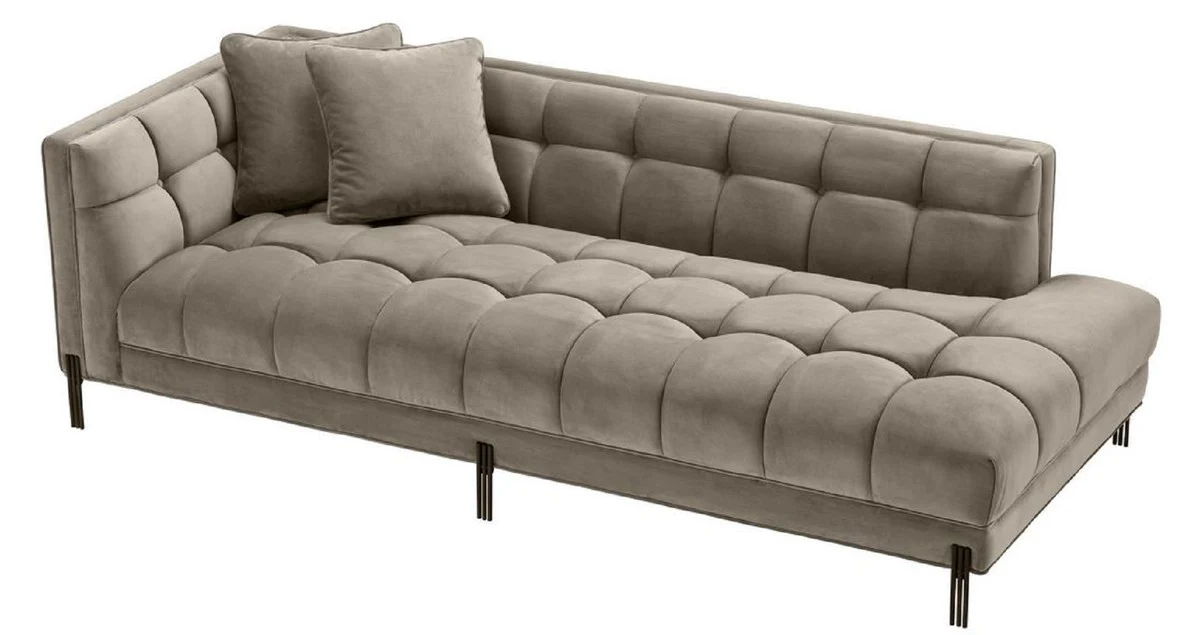 Luxus Lounge Sofa Greige / Schwarz 223 x 95 x H. 68 cm - Linksseitiges Wohnzimmer Sofa mit edlem Samtsoff und 2 Kissen