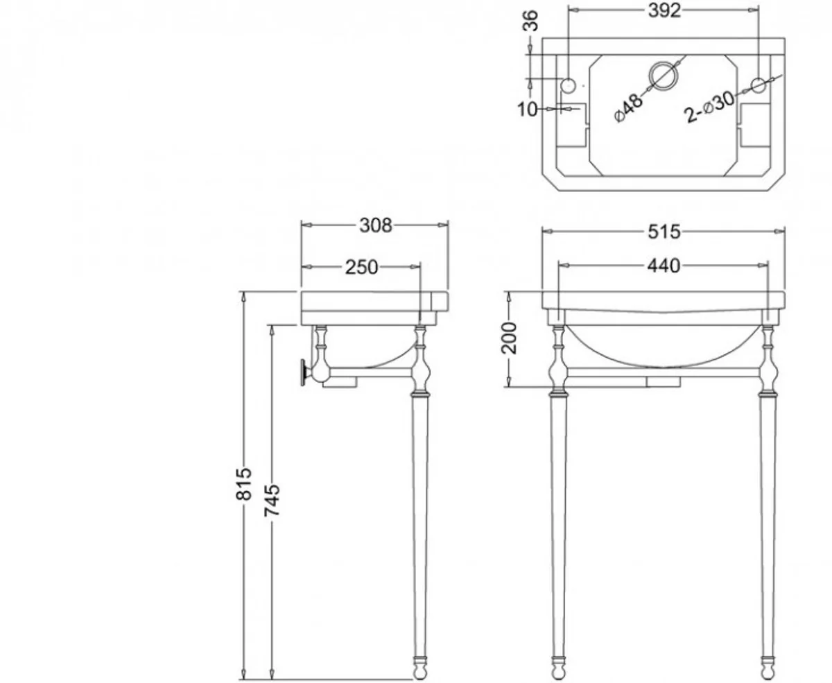 Jugendstil Stand Gäste WC Waschtisch Weiß / Chrom B 51cm mit 2 Hahnlöchern Mod2 - Art Deco Waschbecken Barock Antik Stil