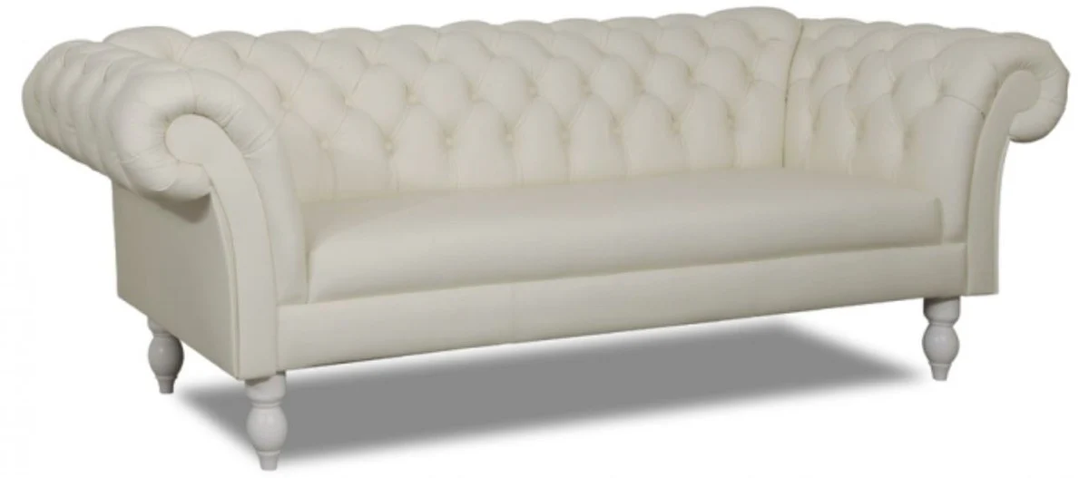 Luxus Echtleder 3er Sofa Weiß 210 x 90 x H. 80 cm - Wohnzimmermöbel im Chesterfield Design