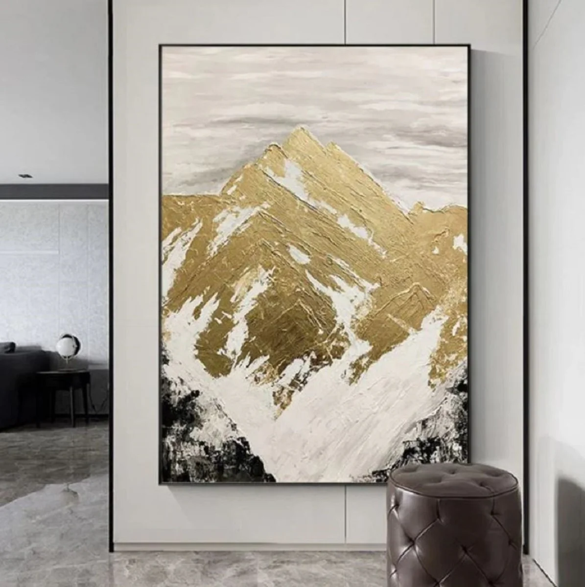 Luxus Designer Ölgemälde Gebirge Gold / Weiß / Grau / Schwarz 120 x H. 170 cm - Handgemaltes Gemälde mit Metallrahmen - Luxus Wand Deko - Designer Wand Deko - Luxus Qualität