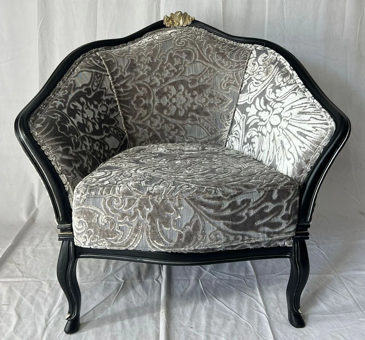 Luxus Barock Salon Sessel Silber / Grau / Schwarz / Gold - Barock Möbel