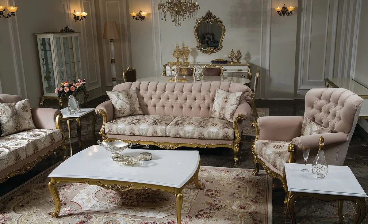 Luxus Barock Wohnzimmer Sofa Rosa / Gold 220 x 82 x H. 95 cm - Massivholz Sofa mit elegantem Muster und dekorativen Kissen - Wohnzimmer Möbel im Barockstil
