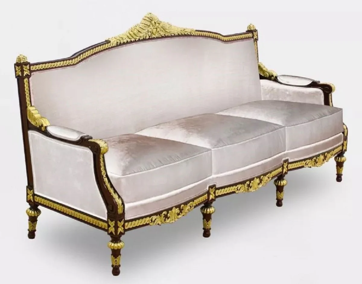 Luxus Barock Wohnzimmer 3er Sofa Grau / Dunkelbraun / Gold - Handgefertigtes Barockstil Sofa - Luxus Wohnzimmer Möbel im Barockstil - Barock Möbel - Edel & Prunkvoll