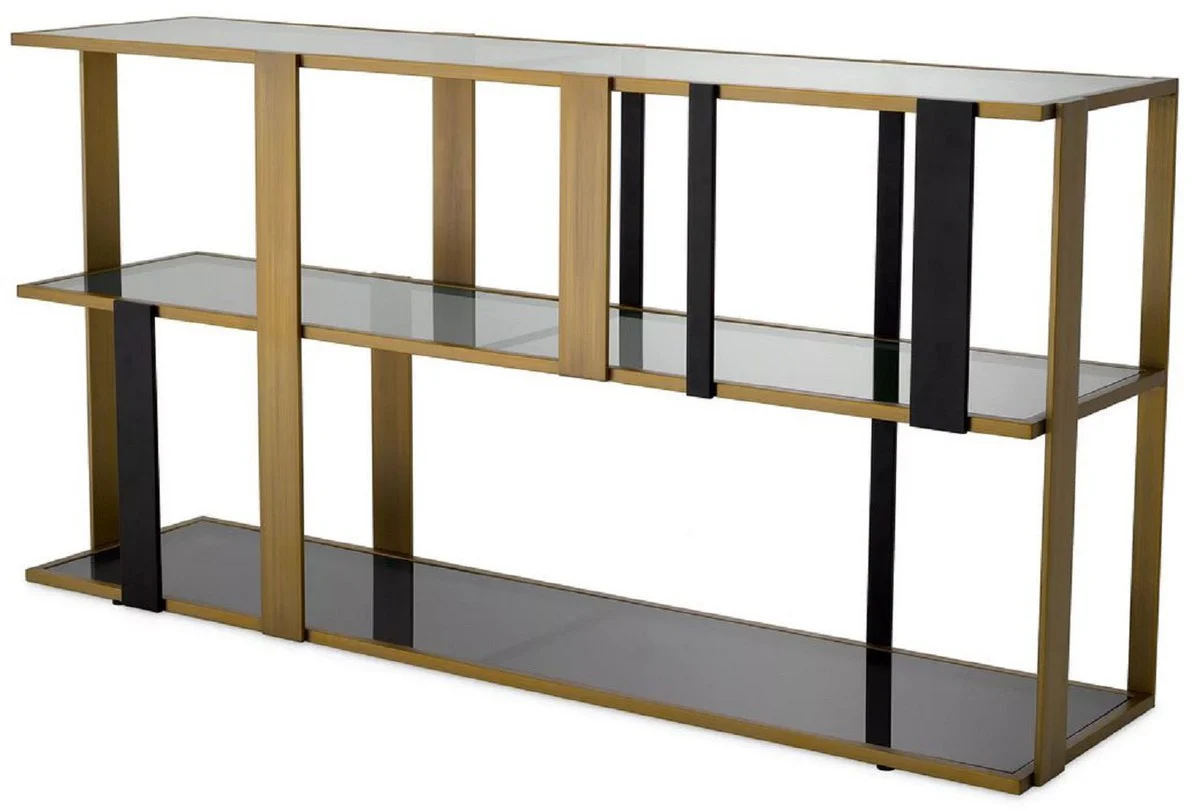 Luxus Regalschrank Messing / Schwarz / Grau 178 x 44 x H. 89,5 cm - Rechteckiger Wohnzimmer Schrank - Büro Schrank - Wohnzimmer Möbel - Büro Möbel - Luxus Möbel