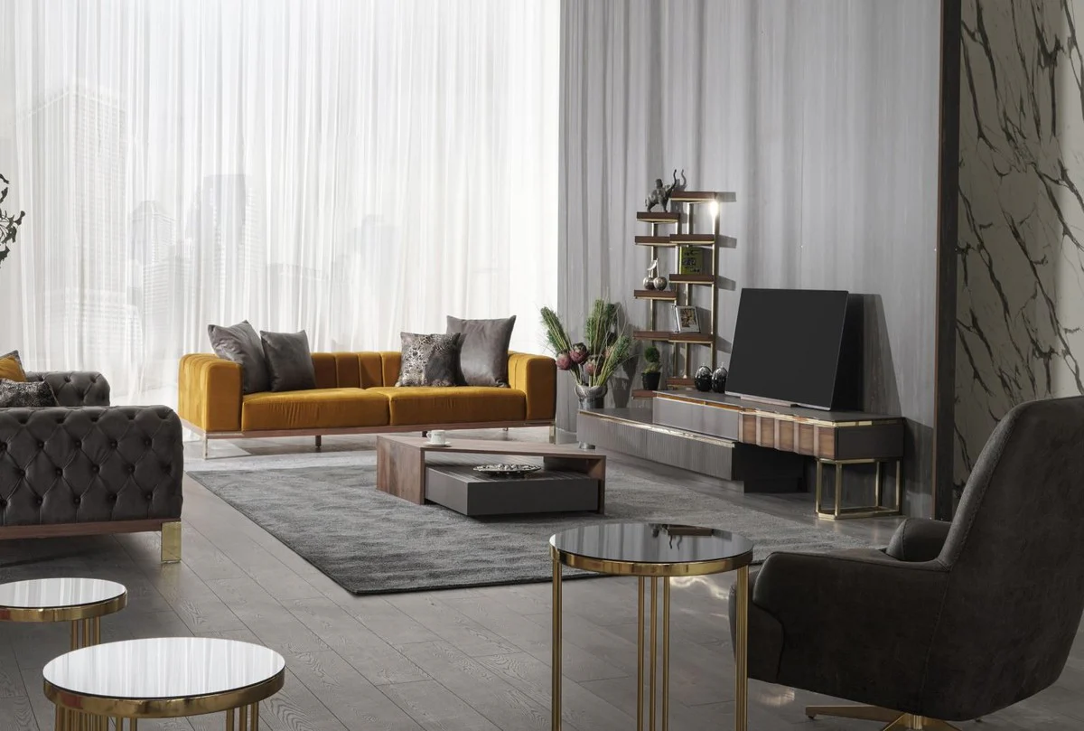 Luxus Couchtisch Braun / Grau 130 x 80 x H. 32 cm - Rechteckiger Massivholz Wohnzimmertisch - Wohnzimmer Möbel - Luxus Möbel - Luxus Einrichtung