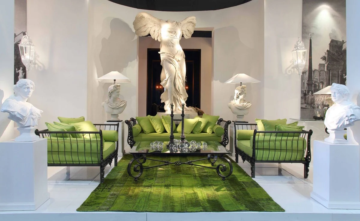 Luxus Barock Sofa Grün / Schwarz 212 x 87 x H. 77 cm - Handgeschmiedetes Schmiedeeisen Sofa mit Kissen - Wohnzimmer Sofa - Garten Sofa - Terrassen Sofa - Barock Möbel