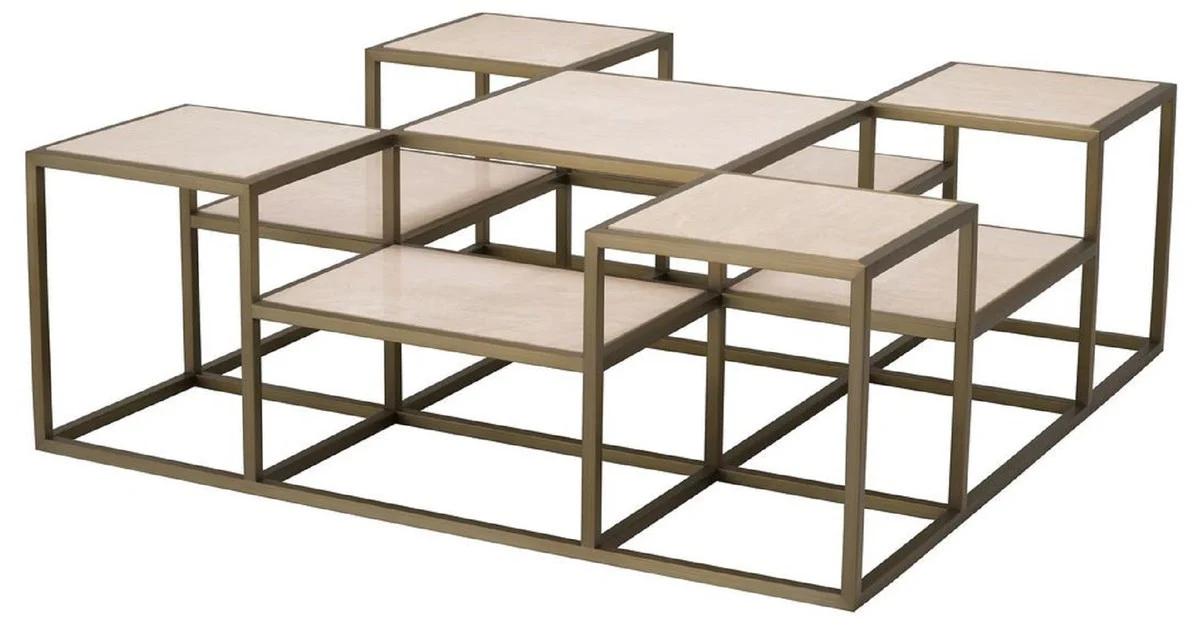 Luxus Couchtisch Messing / Beige 120 x 120 x H. 41,5 cm - Quadratischer Edelstahl Wohnzimmertisch mit Travertin Tischplatten - Wohnzimmer Möbel - Luxus Möbel - Luxus Einrichtung