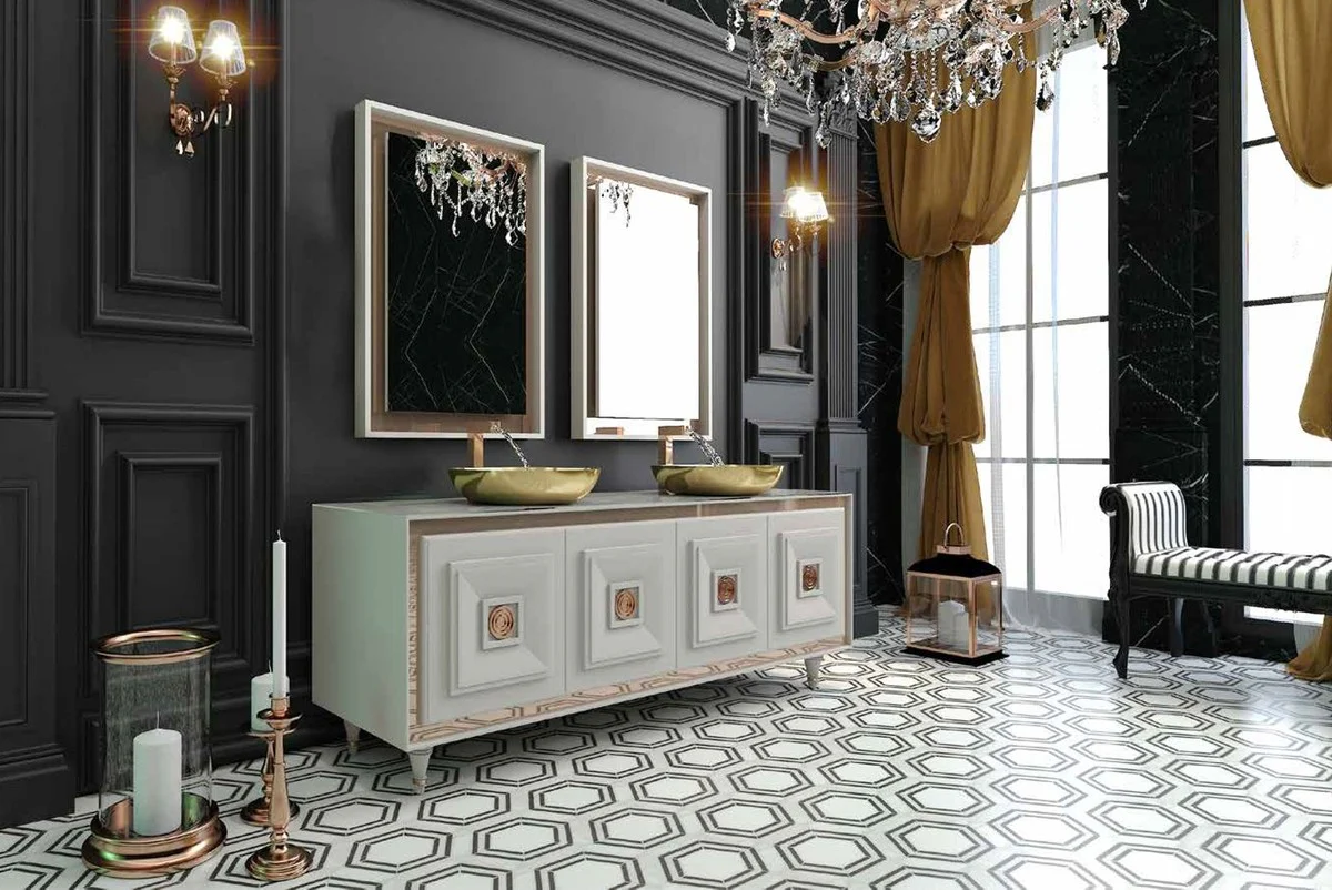 Luxus Badezimmer Set Weiß / Bronze / Gold - 1 Waschtisch mit 4 Türen und 2 Waschbecken und 2 Wandspiegel - Luxus Badezimmermöbel