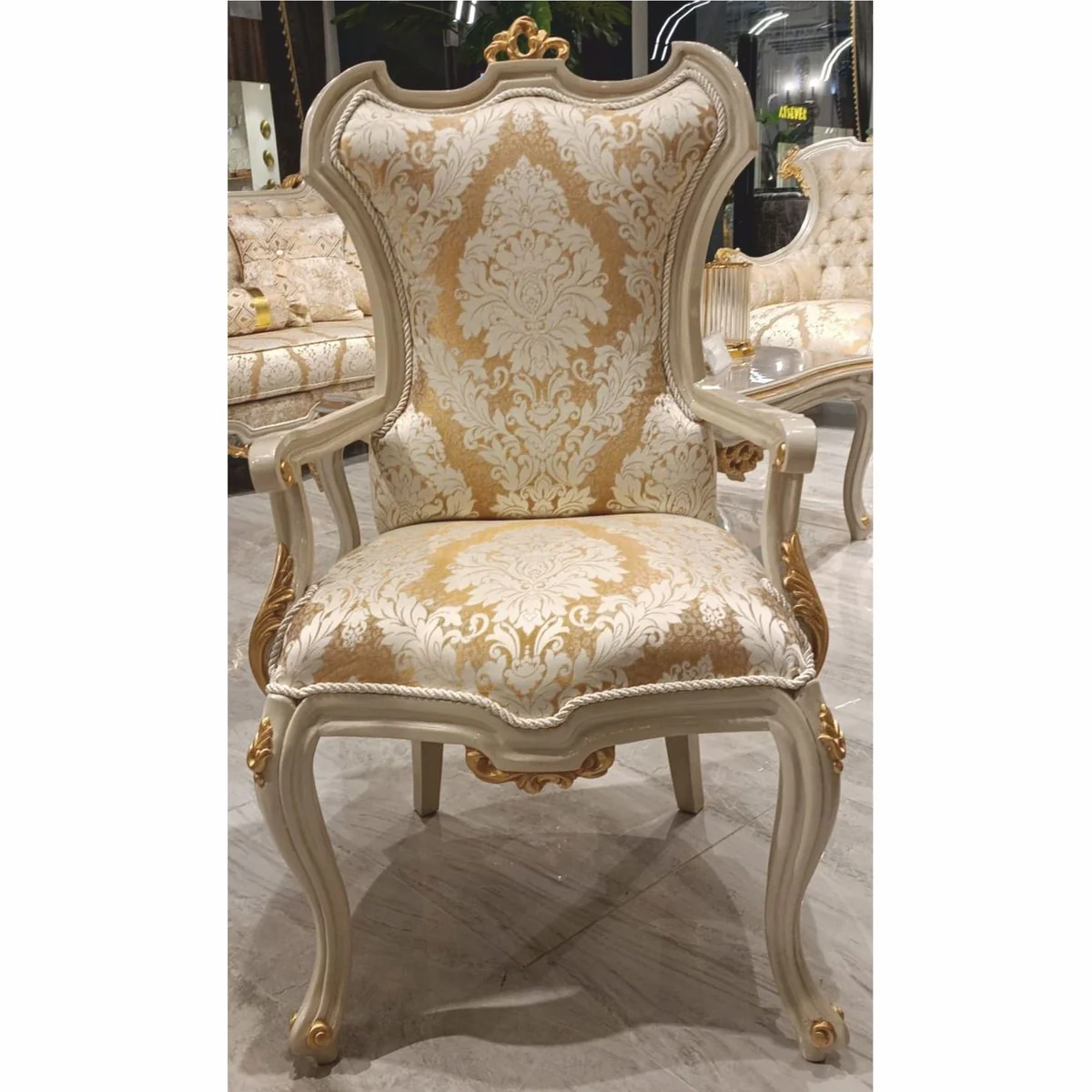 Luxus Barock Esszimmer Set Gold / Grau - 1 Barock Esstisch & 6 Barock Esszimmerstühle