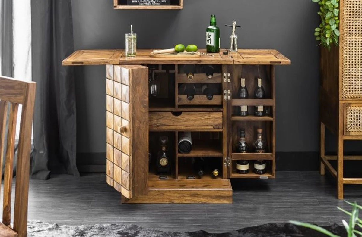 Designer Barschrank Naturfarben / Braun 65-130 x 50 x H. 90 cm - Moderner Massivholz Weinschrank mit 2 Türen und Schublade - Barmöbel