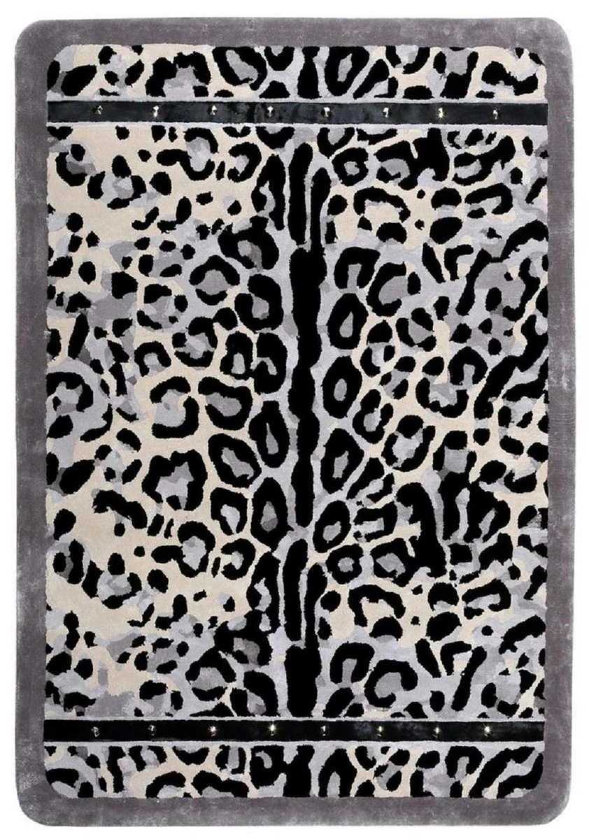 Luxus Teppich mit Leoparden Design Grau / Creme / Schwarz 160 x 230 cm - Rechteckiger Wohnzimmer Teppich - Moderner Schlafzimmer Teppich - Luxus Interior - Luxus Qualität