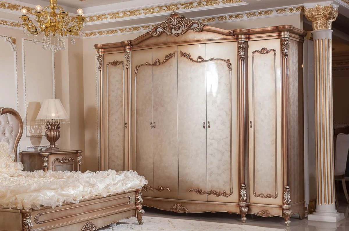 Luxus Barock Schlafzimmerschrank Kupferfarben / Silber - Prunkvoller Massivholz Kleiderschrank mit 6 Türen - Barock Schlafzimmer & Hotel Möbel - Edel & Prunkvoll