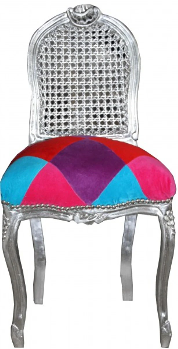 Barock Damen Stuhl Karo Bunt / Silber - Schminkstuhl