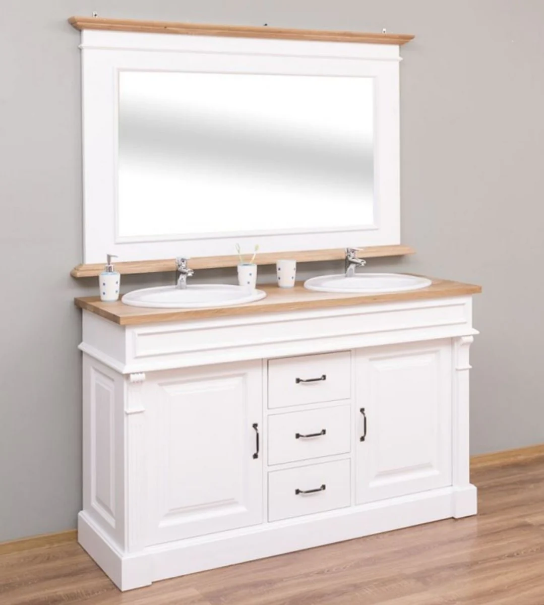 Landhausstil Badezimmer Set Weiß / Naturfarben - 1 Doppelwaschtisch & 1 Wandspiegel - Massivholz Badezimmermöbel im Landhausstil