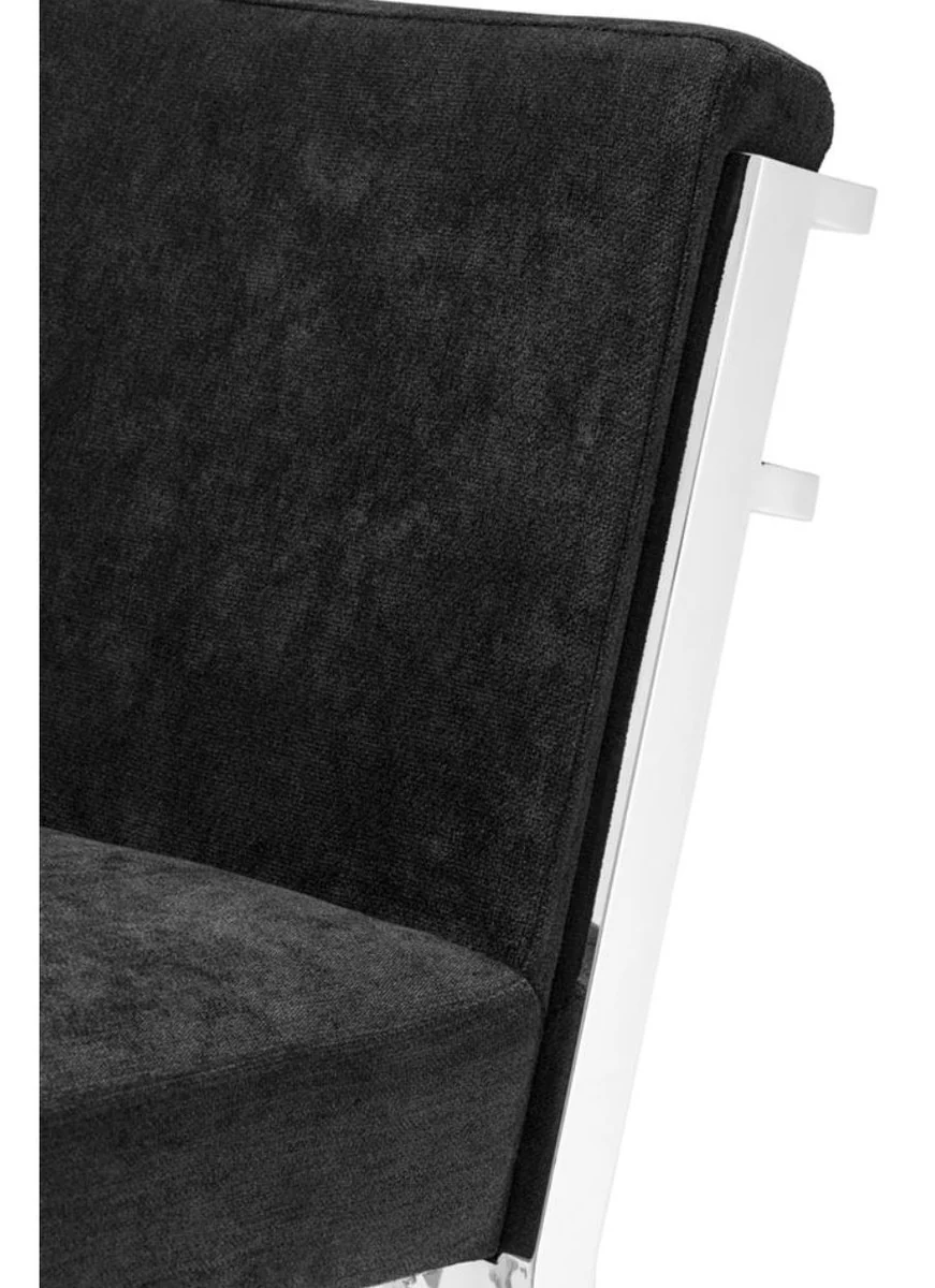 Luxus Barstuhl Schwarz / Silber 43 x 54 x H. 101 cm - Designer Edelstahl Barhocker mit Samtstoff - Barmöbel