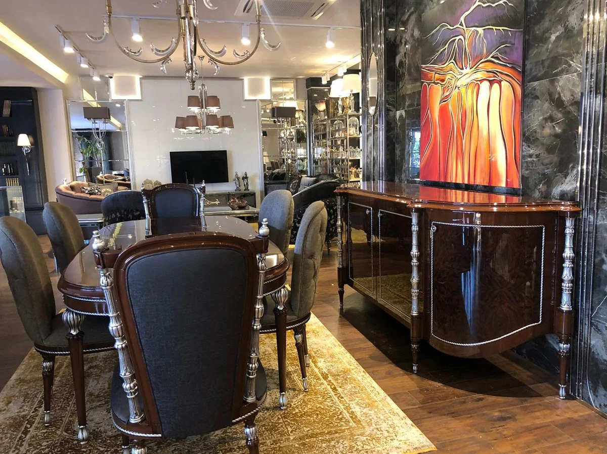 Luxus Barock Esstisch Braun / Silber 230 x 106 x H. 80 cm - Edler Esszimmertisch im Barockstil - Barock Esszimmer Möbel