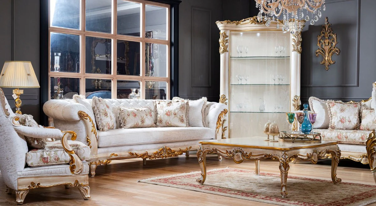 Pompöös by Luxus Barock Couchtisch Provence Beige / Weiß / Gold - Pompööser Barockstil Wohnzimmertisch designed by Harald Glööckler