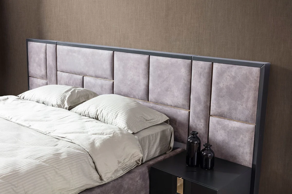 Luxus Massivholz Schlafzimmer Set Lila / Schwarz / Gold - 1 Doppelbett mit Kopfteil & 2 Nachttische - Luxus Schlafzimmer Möbel