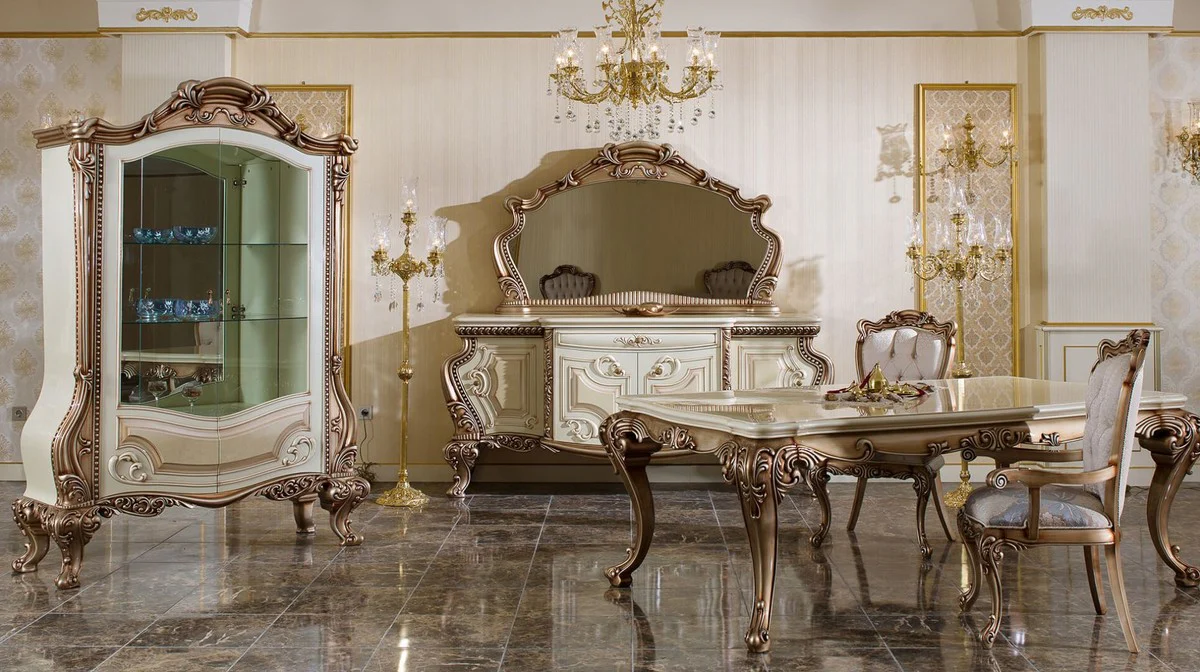 Luxus Barock Esszimmer Set Weiß / Kupfer - 1 Barock Esstisch & 6 Barock Esszimmerstühle - Barock Esszimmer Möbel - Luxus Möbel im Barockstil - Edel & Prunkvoll