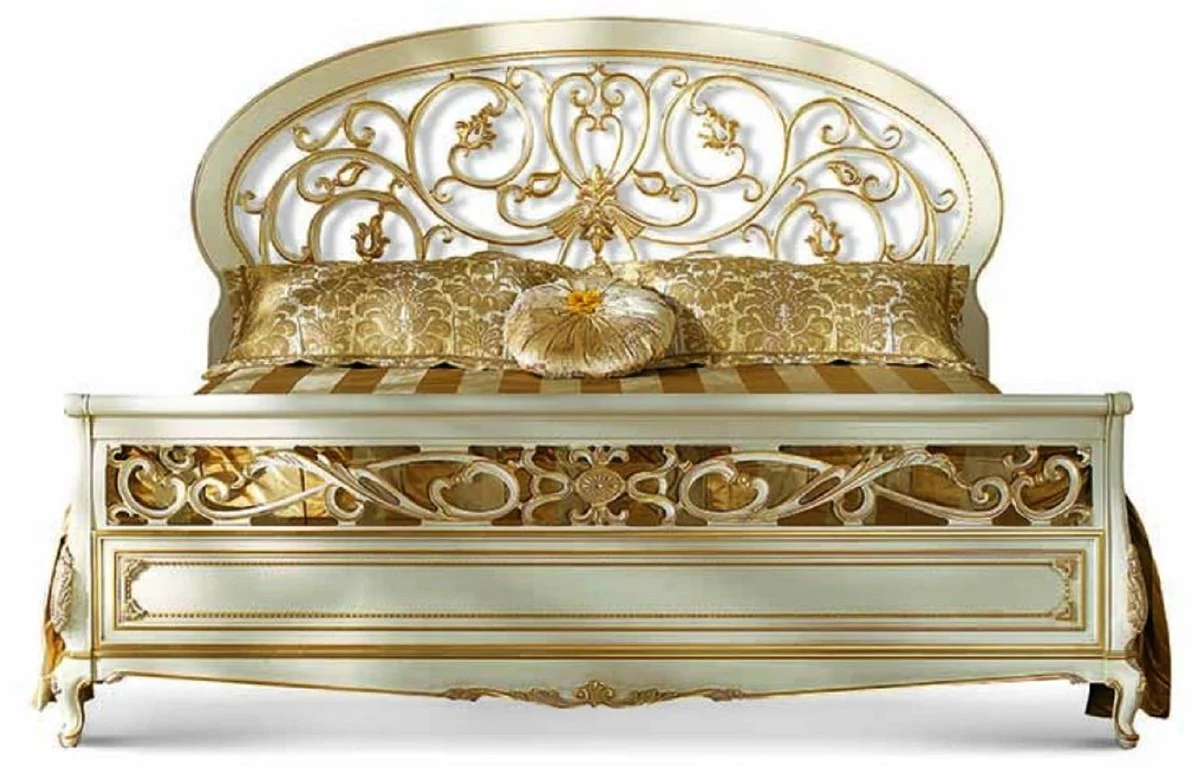 Luxus Barock Doppelbett Elfenbein / Gold - Made in Italy