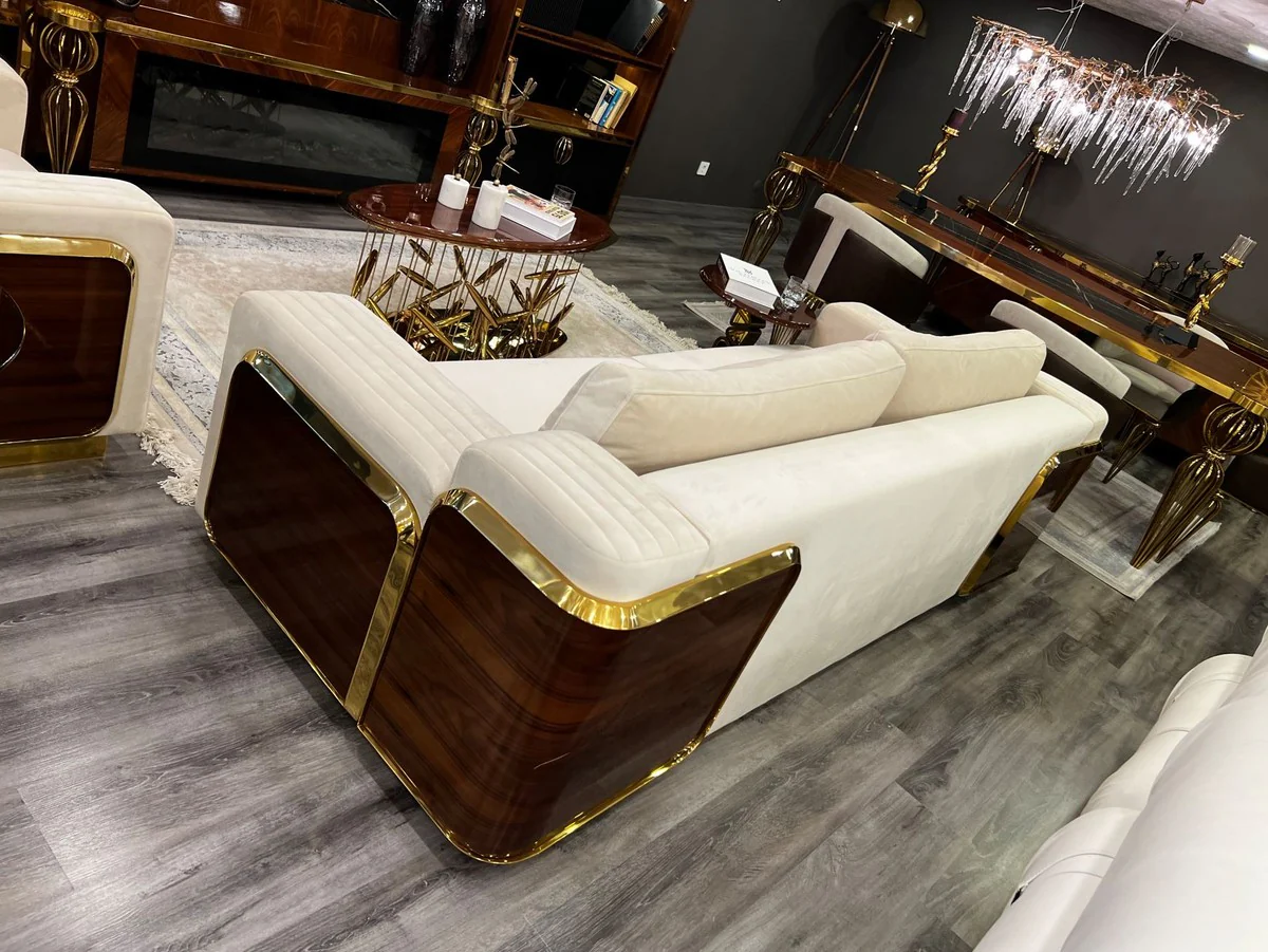 Luxus Sofa Creme / Braun / Gold 247 x 100 x H. 70 cm - Wohnzimmer Sofa - Hotel Sofa - Wohnzimmer Möbel - Hotel Möbel - Luxus Möbel - Luxus Einrichtung - Wohnzimmer Einrichtung