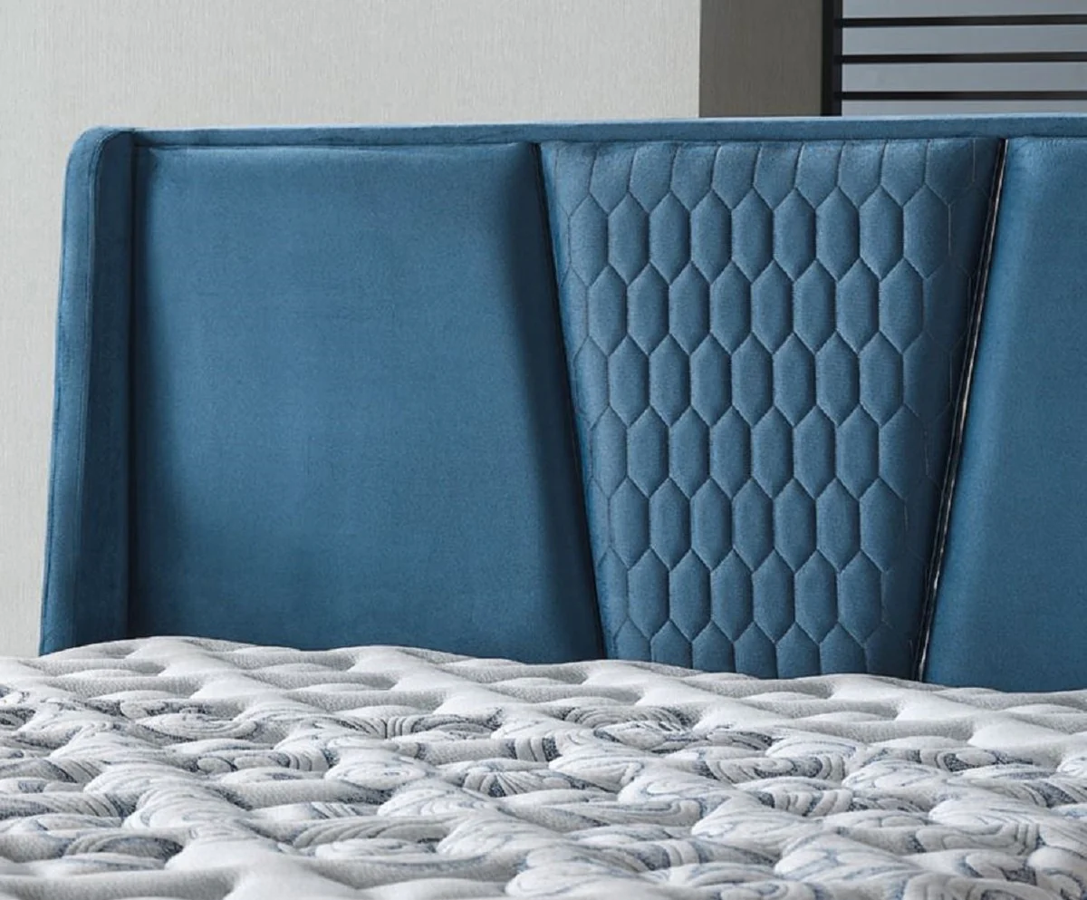Luxus Doppelbett Blau / Weiß / Silber 180 x 200 cm - Massivholz Bett mit Kopfteil und Matratze - Schlafzimmer Möbel - Hotel Möbel - Luxus Möbel - Luxus Einrichtung