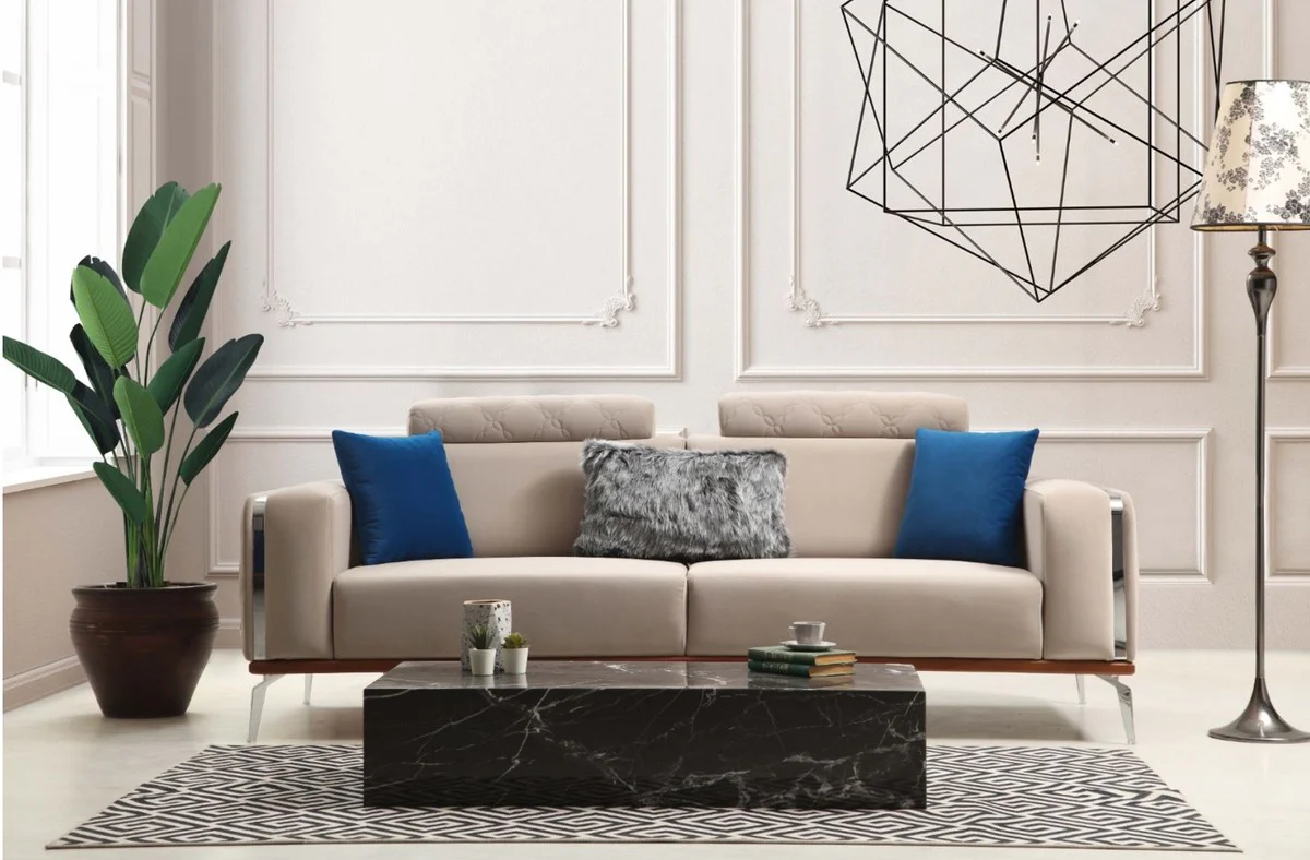 Luxus Wohnzimmer Sofa mit verstellbarer Rückenlehne Beige / Braun / Silber 225 x 95 x H. 89 cm - Luxus Wohnzimmer Möbel