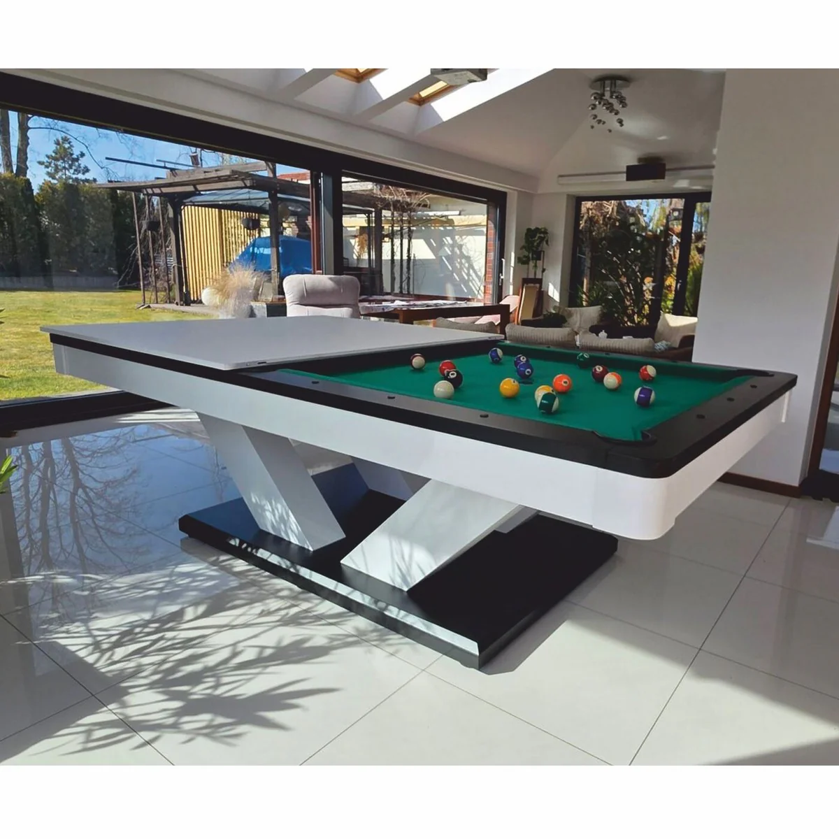 Luxus Pool Billardtisch / Esstisch 8ft Weiß / Schwarz / Grün