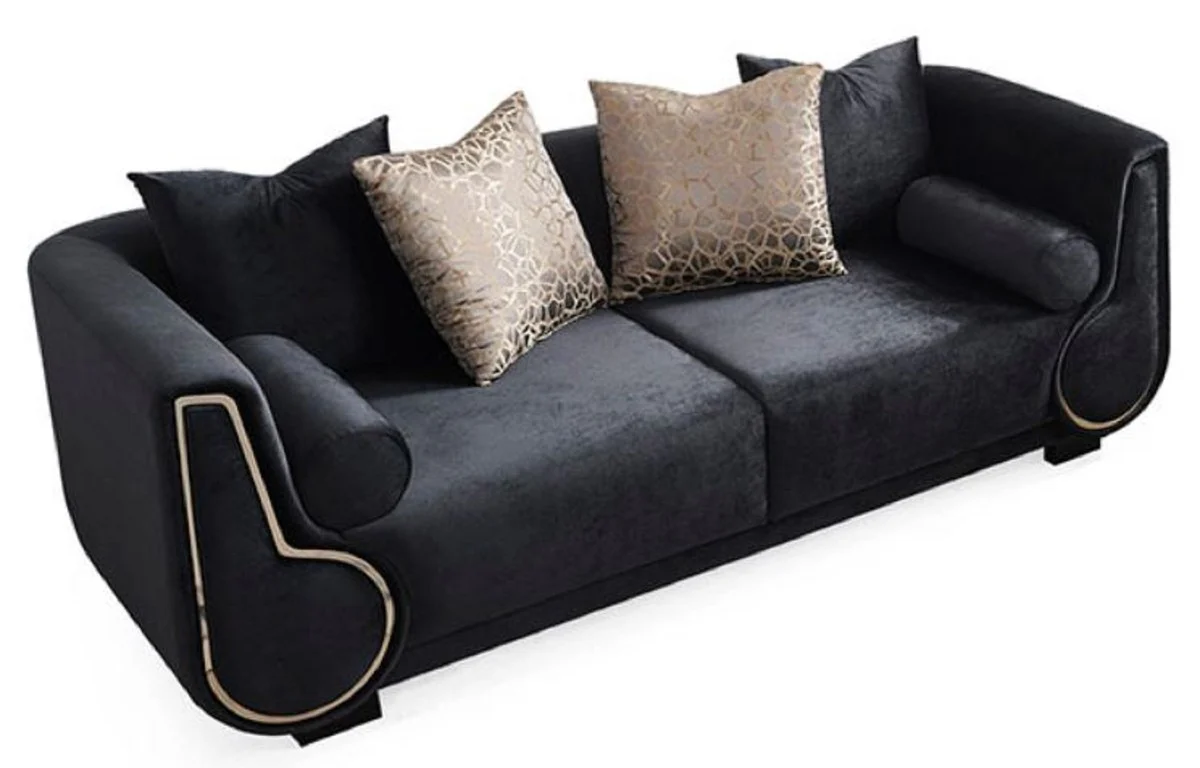 Luxus 3er Sofa Schwarz / Silber - Elegantes Wohnzimmer Sofa - Luxus Wohnzimmer Möbel - Luxus Kollektion