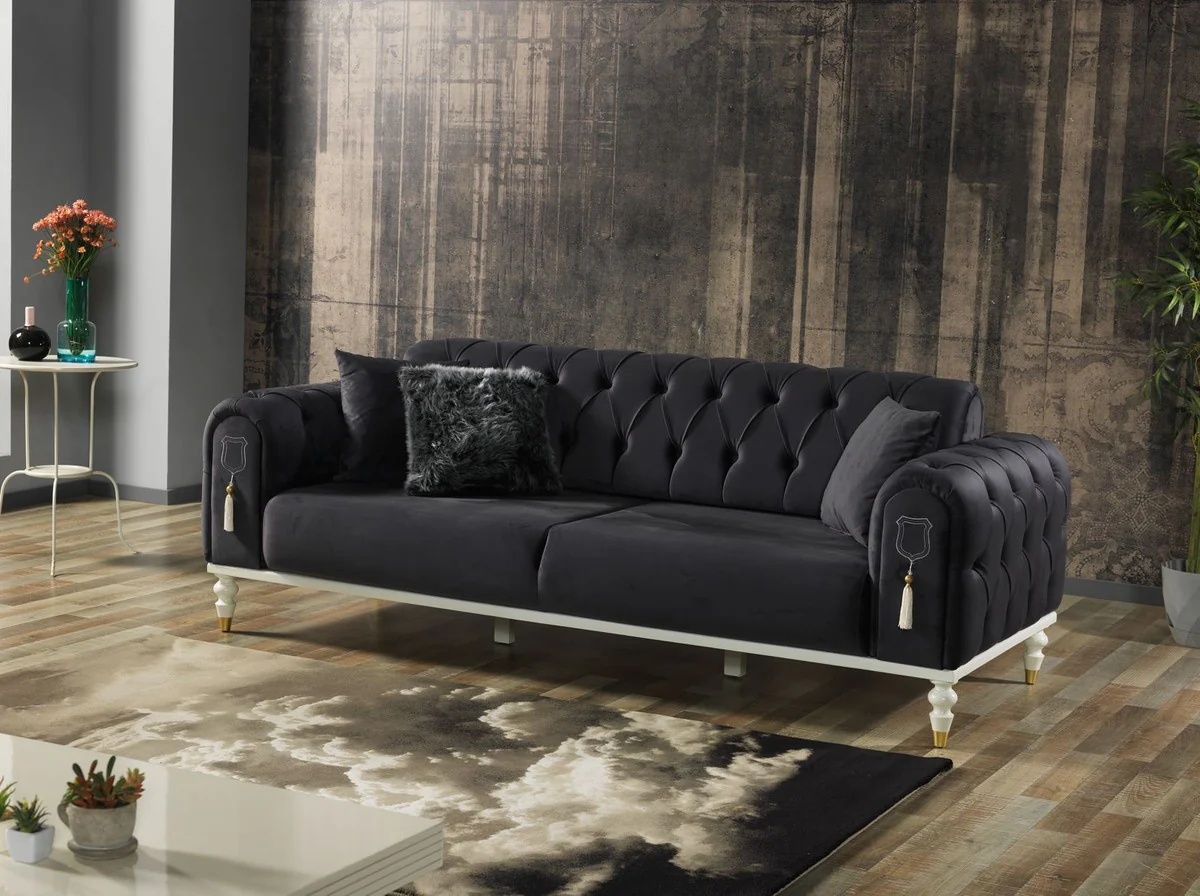 Luxus Chesterfield Schlafsofa Dunkelgrau / Weiß / Gold 230 x 95 x H. 83 cm - Wohnzimmer Sofa mit 3 Kissen - Luxus Wohnzimmer Möbel