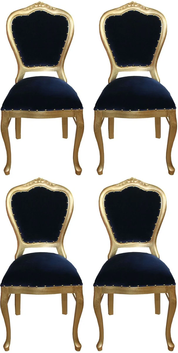 Luxus Barock Esszimmer Set Royalblau / Gold 45 x 46 x H. 99 cm - 4 handgefertigte Esszimmerstühle - Barock Esszimmermöbel