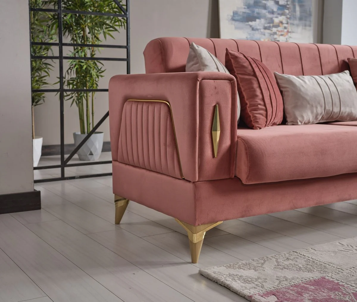 Luxus Schlafsofa Rosa / Gold 222 x 93 x H. 87 cm - Wohnzimmer Sofa mit 5 Kissen - Luxus Wohnzimmer Möbel