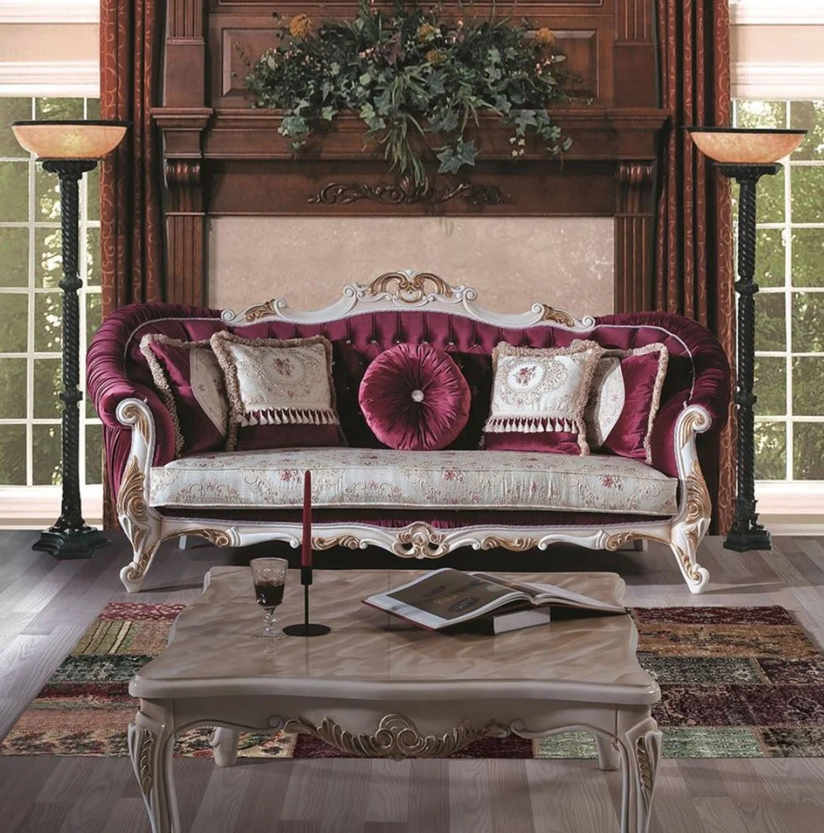 Luxus Barock Couchtisch mit Glasplatte Creme / Gold 100 x 80 x H. 45 cm - Massivholz Wohnzimmertisch - Wohnzimmer Möbel im Barockstil