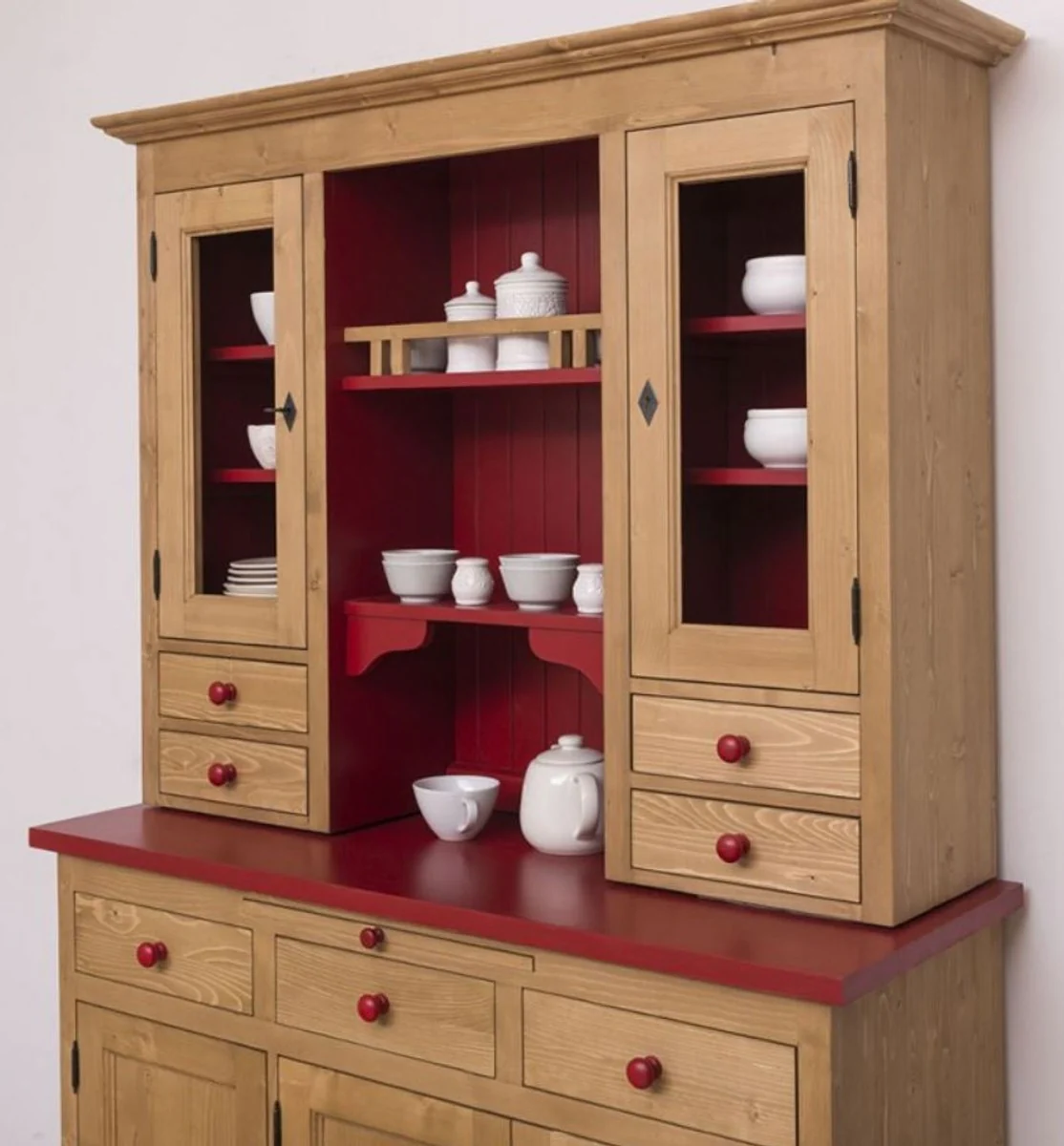 Landhausstil Küchenschrank Naturfarben / Bordeauxrot 137 x 50 x H. 197 cm - 2 Teiliger Küchenschrank mit 5 Türen und 7 Schubladen - Landhausstil Küchenmöbel