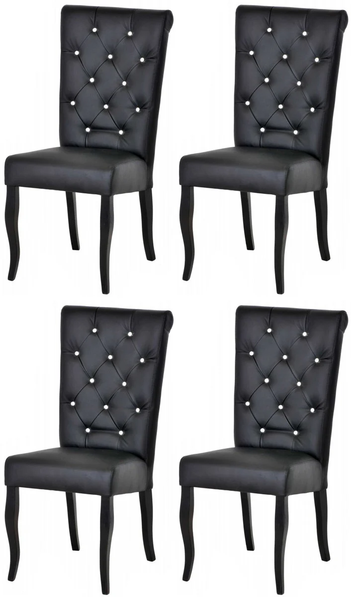 Chesterfield Neo Barock Esszimmer Stuhl 4er Set Schwarz / Schwarz - Kunstleder Küchenstühle mit Glitzersteinen - Esszimmer Möbel - Chesterfield Möbel - Neo Barock Möbel