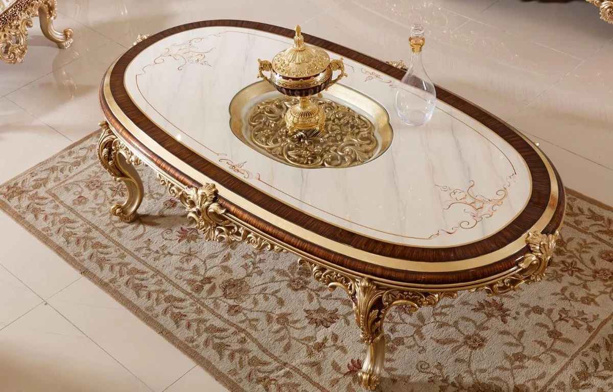 Luxus Barock Couchtisch Weiß / Braun / Gold - Prunkvoller Wohnzimmertisch mit Glasplatte - Barock Wohnzimmer Möbel - Edel & Prunkvoll